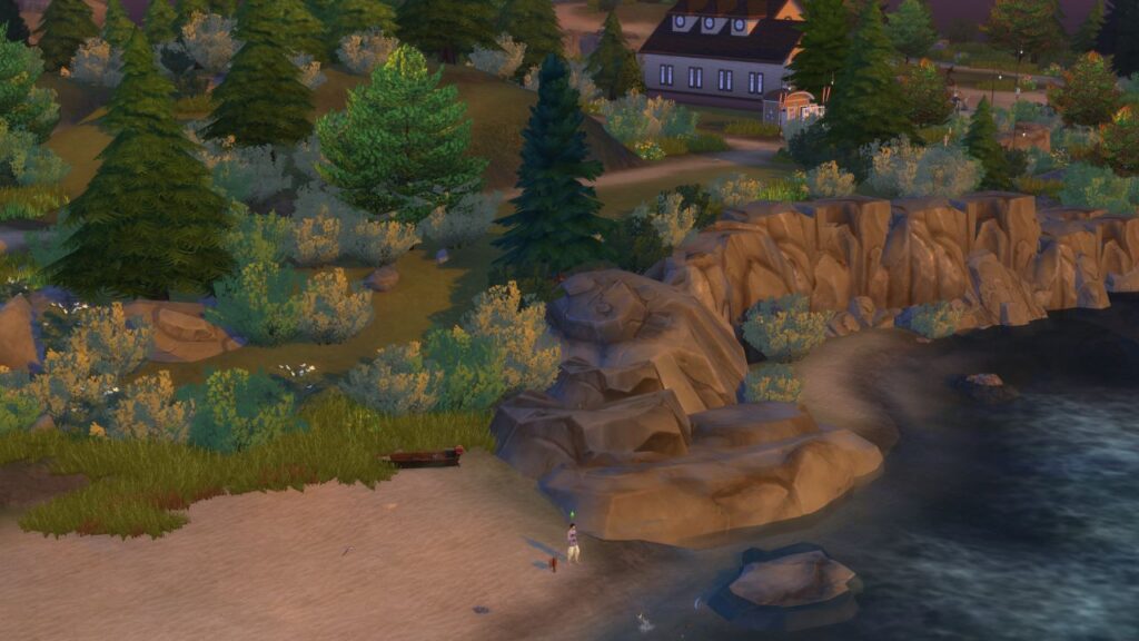 A screenshot from The Sims 4 showing a fishing spot in Brindleton Bay that's located to the left of deadgrass discoveries