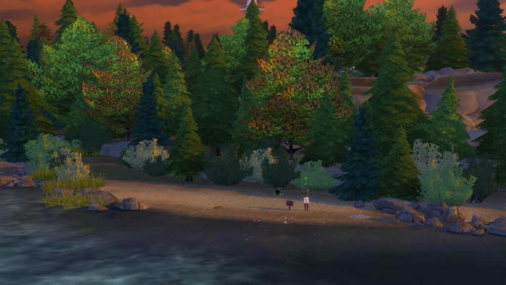 A screenshot from The Sims 4 showing a fishing spot in Brindleton Bay that's located on the opposite side of the island from the light house