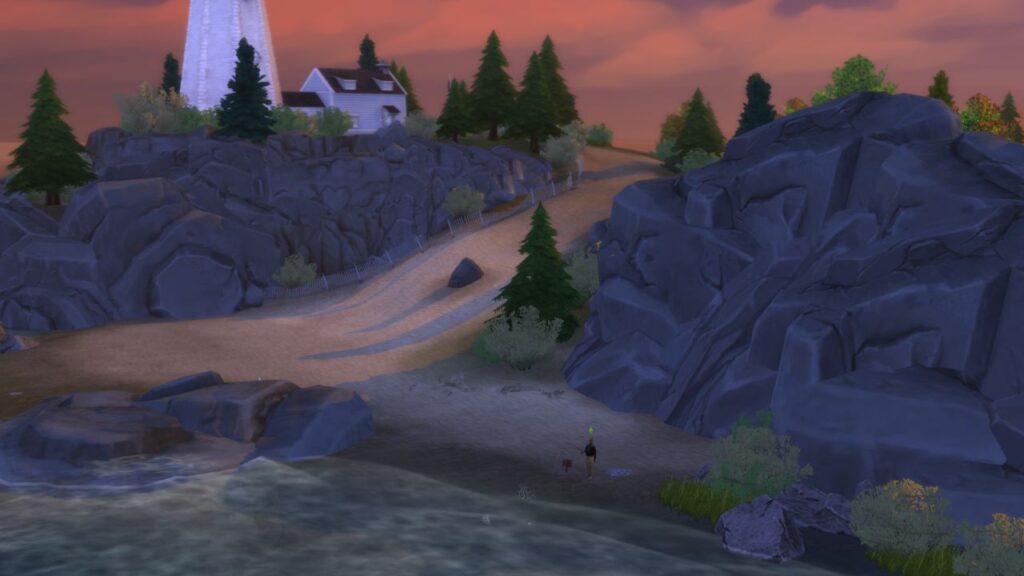 A screenshot from The Sims 4 showing a fishing spot in Brindleton Bay that's located under a hill from the light houses