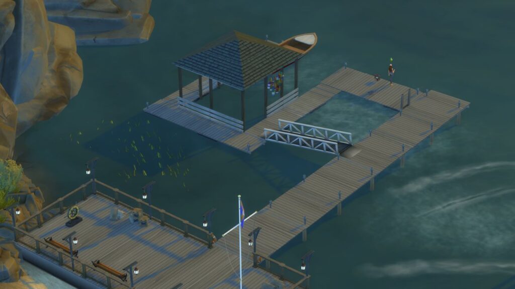 A screenshot from The Sims 4 showing the fishing spot location in brindeleton bay at the end of a dock in cavalier cove