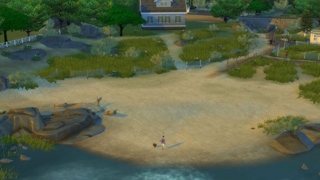 A screenshot from The Sims 4 showing the fishing spot location in brindeleton bay in front of the bedlington boathouse lot