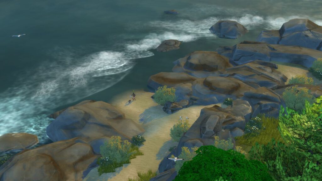 A screenshot from The Sims 4 showing the fishing spot location in brindeleton bay behind the hound's head lot by a beach