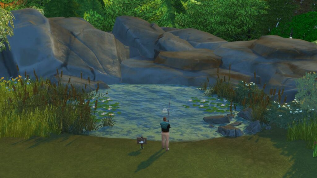A screenshot from The Sims 4 showing the fishing spot location in brindeleton bay located at a pond by hindquarter hideaway