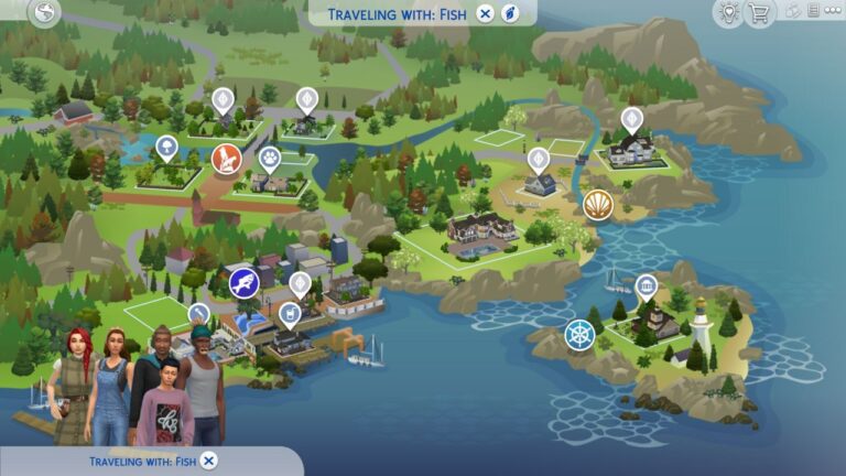 A screenshot from The Sims 4 showing the map of Brindeleton Bay