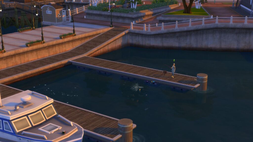 A screenshot from The Sims 4 showing a fishing location on a dock
