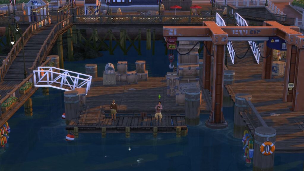 A screenshot from The Sims 4 showing a fishing location in Brindeleton Bay on a dock