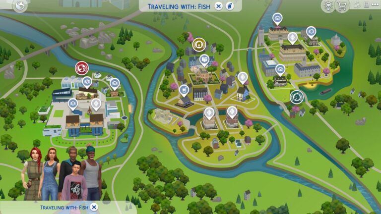 A screenshot from The Sims 4 showing the map of britechester
