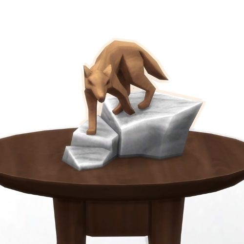 A screenshot from The Sims 4 showing a brown wood table and on top is a wooden dog on a rock