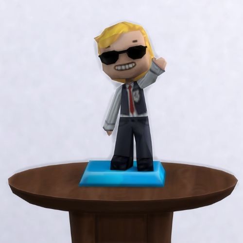 A screenshot from The Sims 4 with a small, circular brown table. On top is a MySims Trophy named Buddy