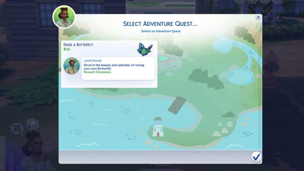 A screenshot from The Sims 4 showing the butterfly conservationist Quests