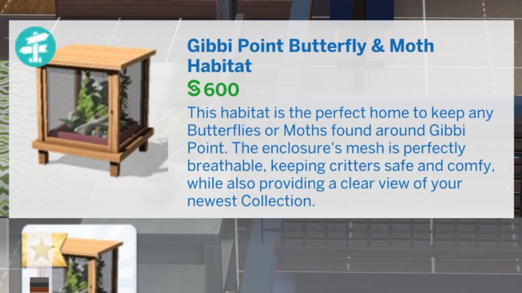 A screenshot from The Sims 4 showing the Gibbi Point Butterfly & Moth Habitat in build mode
