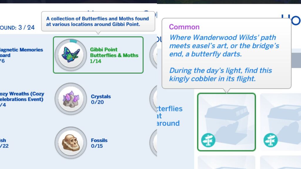 A screenshot showing the butterfly collection for The Sims 4