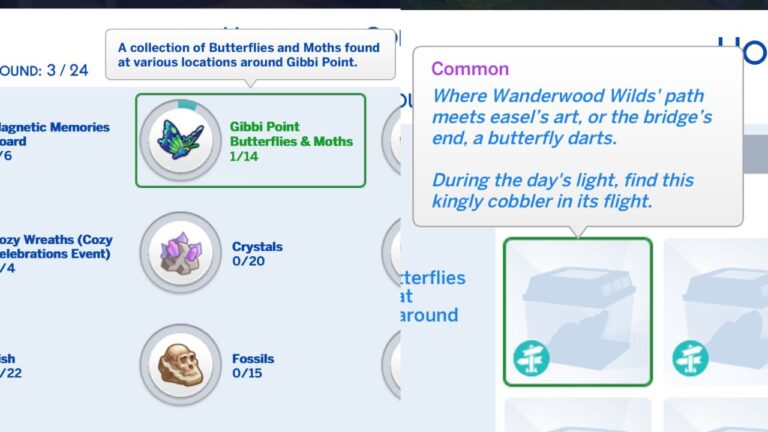 A screenshot showing the butterfly collection for The Sims 4
