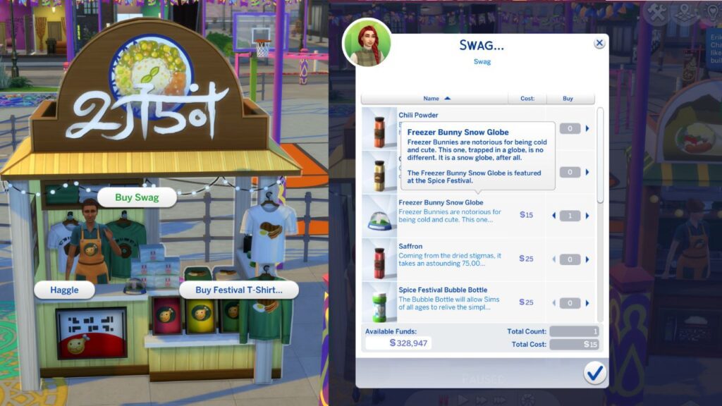 A screenshot from The Sims 4 showing how to buy swag at a festival