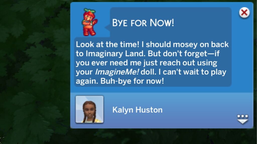 A screenshot from The Sims 4 showing the notification you get when an imaginary friend leaves 