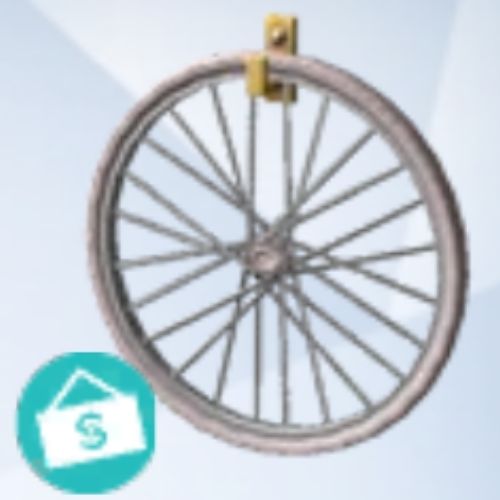 A screenshot from The Sims 4 with a grey background and a bicycle wheel