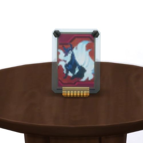 A screenshot from The Sims 4 showing a brown table with a Voidcritter on top. This has the voidcritter named canis