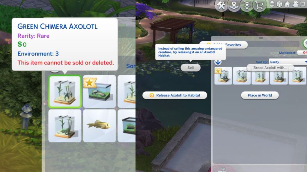 A screenshot from The Sims 4 showing that you cannot sell axolotls 