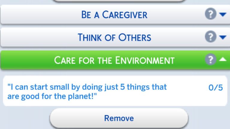 A screenshot from The Sims 4 showing the care for the environment formative moment task