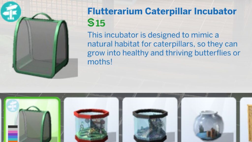 A screenshot from The Sims 4 showing the Flutterarium Caterpillar Incubator in build mode
