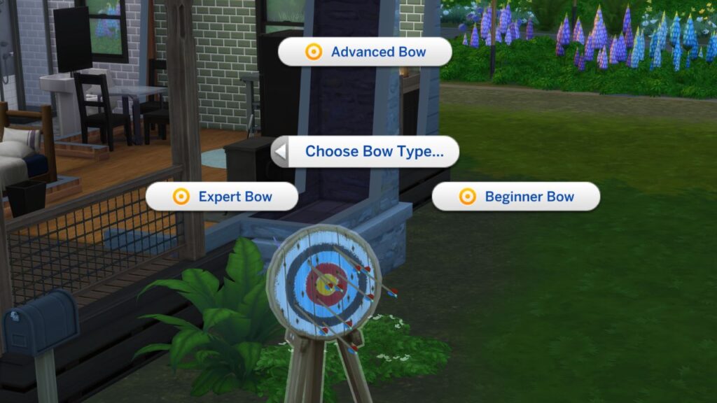 A screenshot from The Sims 4 showing the option to change bow type on an archery target