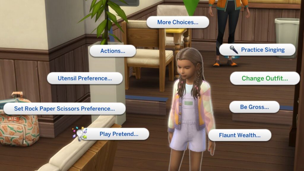 A screenshot from The Sims 4 showing a sim standing in a hallway with the menu open and Change Outfit highlighted