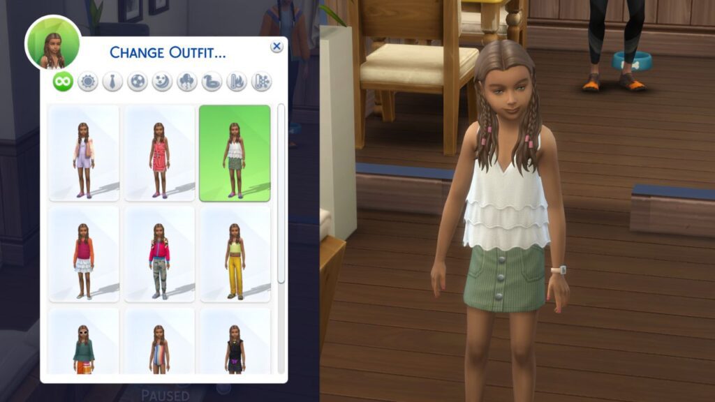 A screenshot from The Sims 4 showing the change outfit menu and a sim standing in the hallway in a different outfit