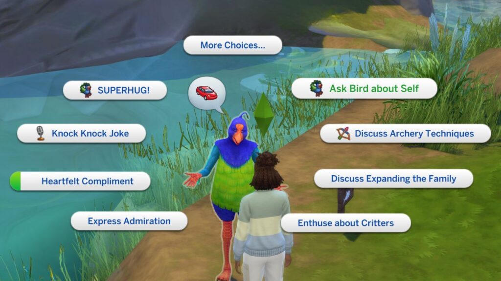 A screenshot from The Sims 4 showing  social options for the Peculiar Plumbird 