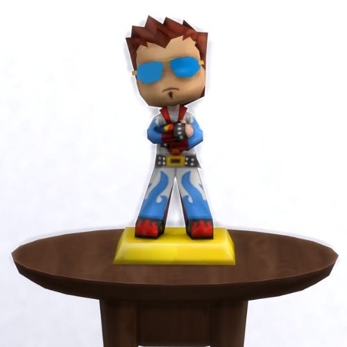 A screenshot from The Sims 4 with a small, circular brown table. On top is a MySims Trophy named Chaz Freely