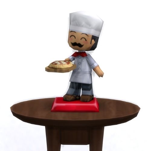 A screenshot from The Sims 4 with a small, circular brown table. On top is a MySims Trophy named Chef Gino