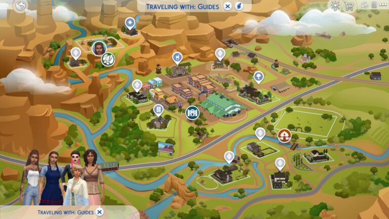 A screenshot from The Sims 4 showing the map of Chestnut Ridge