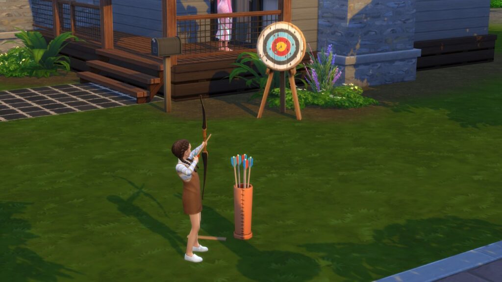 A screenshot from The Sims 4 showing a child aged sim shooting at an archery target