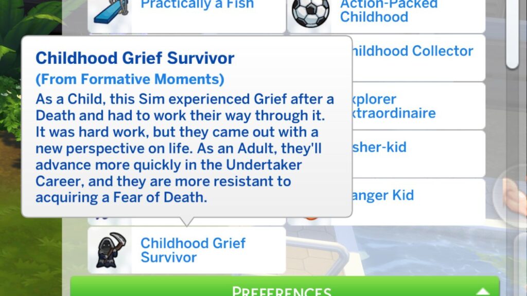 A screenshot from The Sims 4 showing the childhood grief survivor trait from formative moments