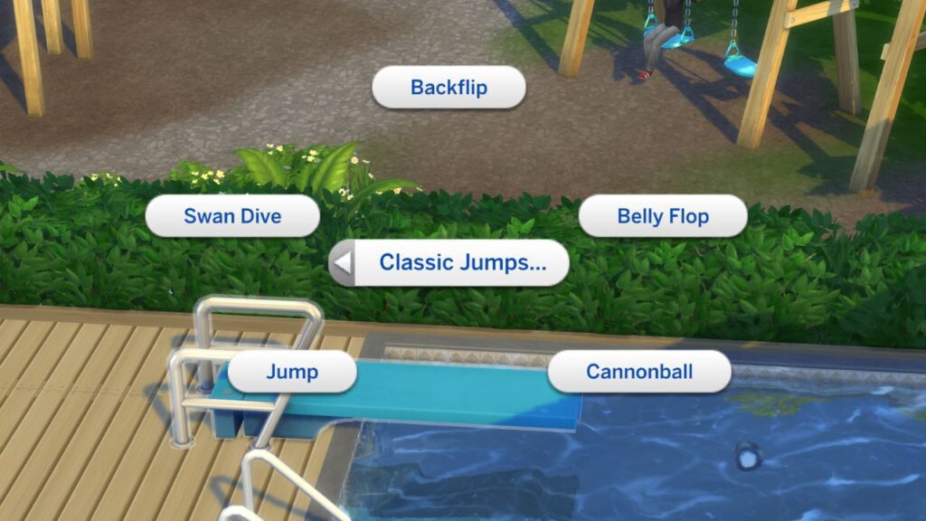 A screenshot from The Sims 4 showing how you can do classic jumps on a diving board 