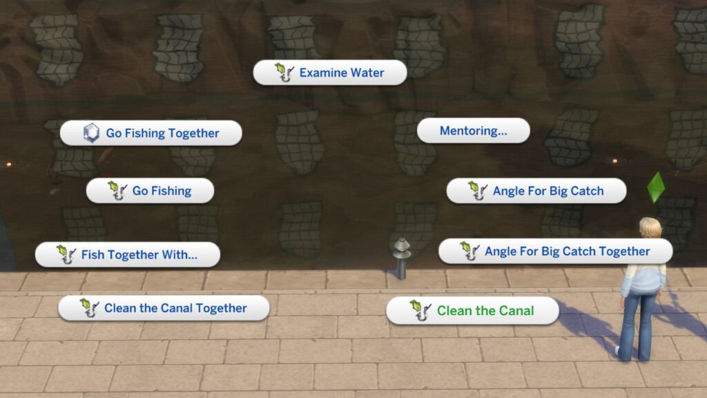 A screenshot from The Sims 4 showing how to clean the canal to get bike parts