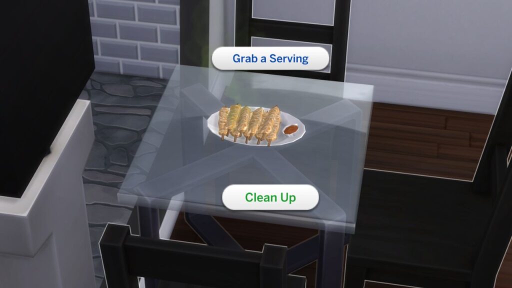 A screenshot from The Sims 4 showing the option to clean up a mess of dishes and food 
