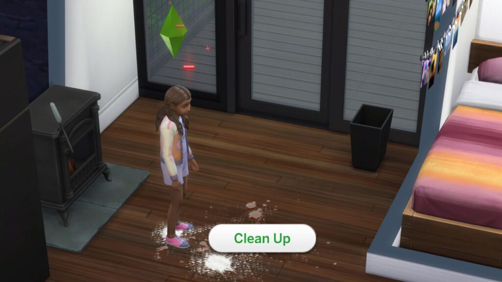 A screenshot from The Sims 4 showing a mess on the floor with a sim standing above it and the clean up option highlighted 