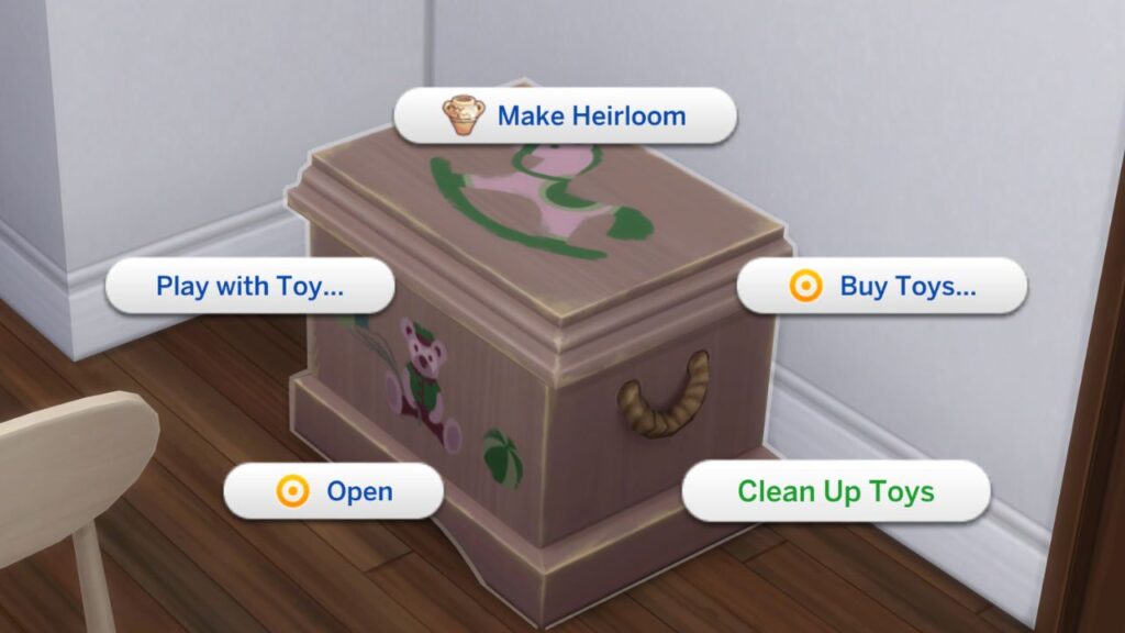 A screenshot from The Sims 4 showing the option to clean up toys on a toy box 