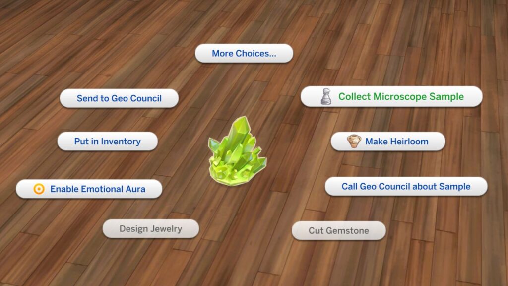 A screenshot from The Sims 4 showing how to collect a microscope sample from a crystal 