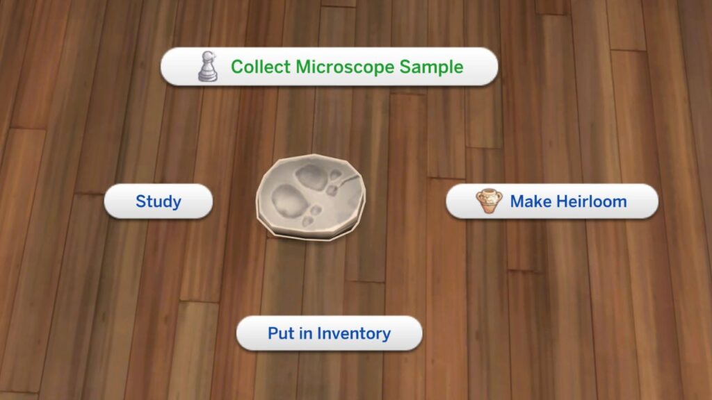 A screenshot from The Sims 4 showing how to collect microscope prints from a fossil 