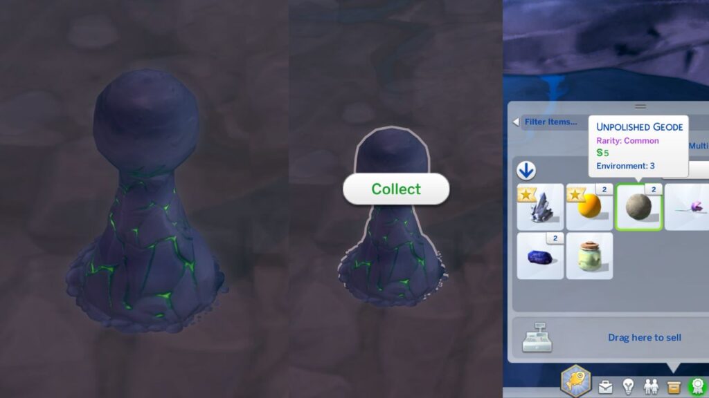 A screenshot from The Sims 4 showing the items you click on to collect unpolished geodes