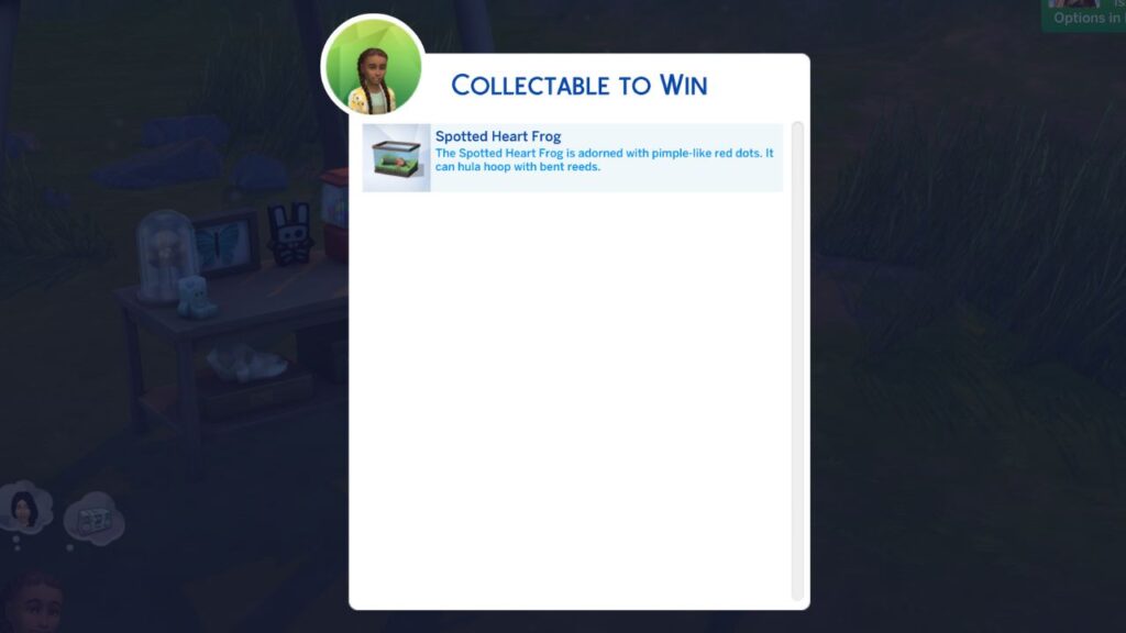 A screenshot from The Sims 4 showing the "collectable to win" menu with a spotted heart frog 