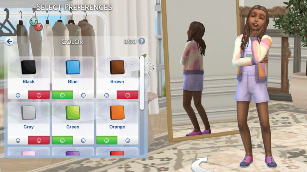 A screenshot from The Sims 4 showing the create a sim menu will likes and dislikes for colours showing