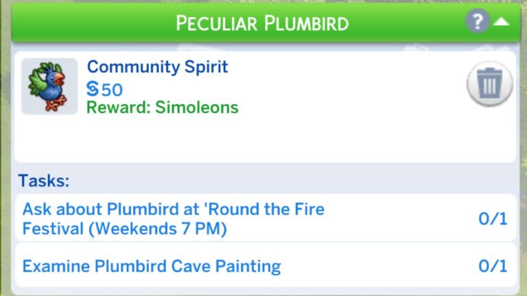 A screenshot from The Sims 4 showing the community spirit quest