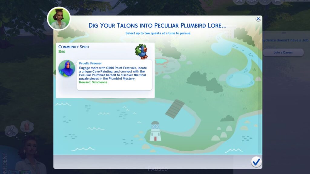 A screenshot from The Sims 4 showing the Community Spirit Quest for the Peculiar Plumbird