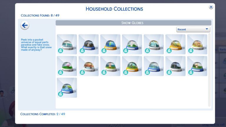 A screenshot from The Sims 4 showing the completed snow globe collection