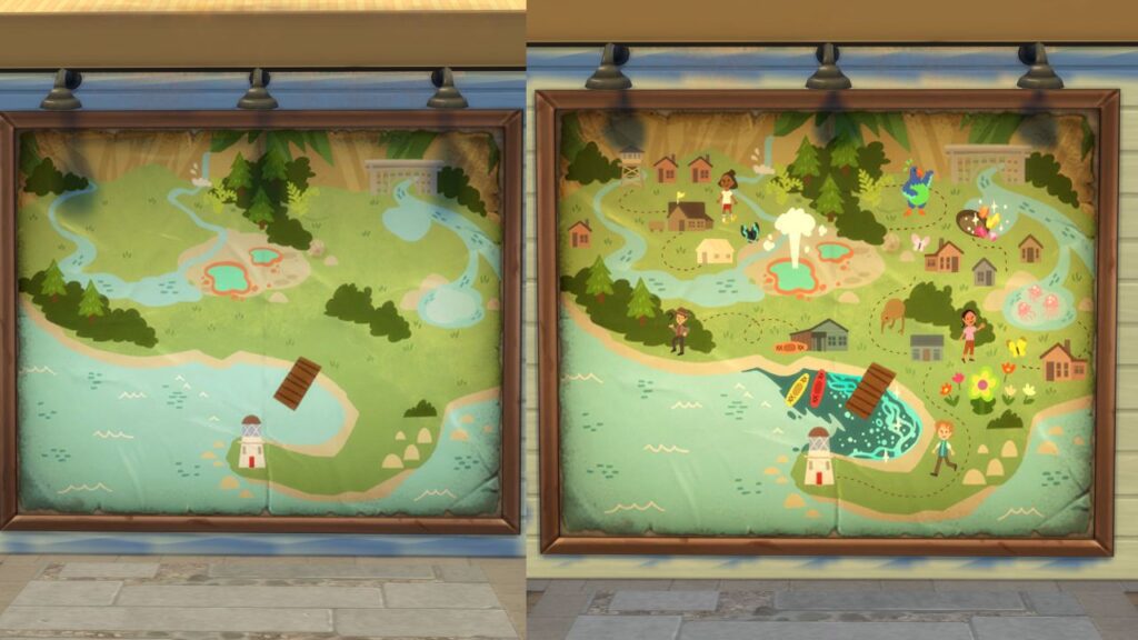 A screenshot from The Sims 4 showing an empty story map next to a full one 