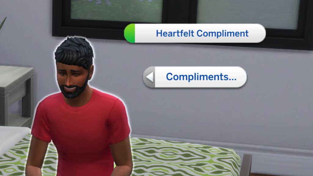 A screenshot from The Sims 4 showing a sim sitting on the bed and a menu option with heartfelt compliment highlighted