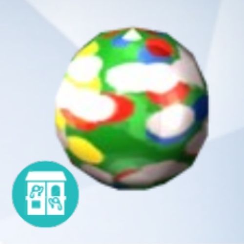 A screenshot from The Sims 4 showing a grey background with an enlarged image of a marble with a confetti design with a green base 