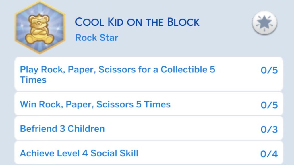 A screenshot from The Sims 4 showing the first stage of the cool kid on the block aspiration